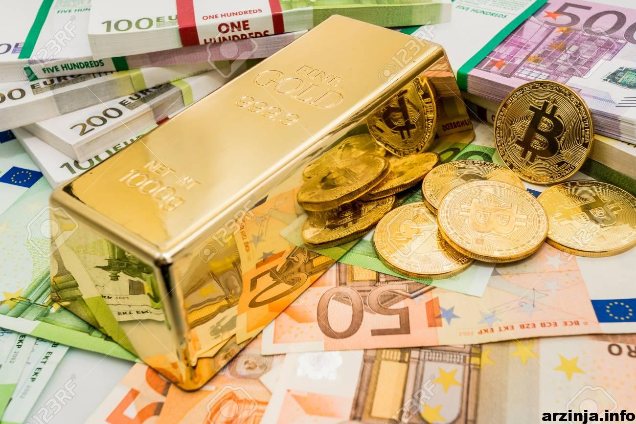 طلا بیت کوین coins with bills euro banknotes and bullion