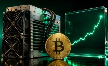 دستگاه ماینر ایسیک صنعتی برای استخراج بیت کوین در کنار نمودار نرخ هش