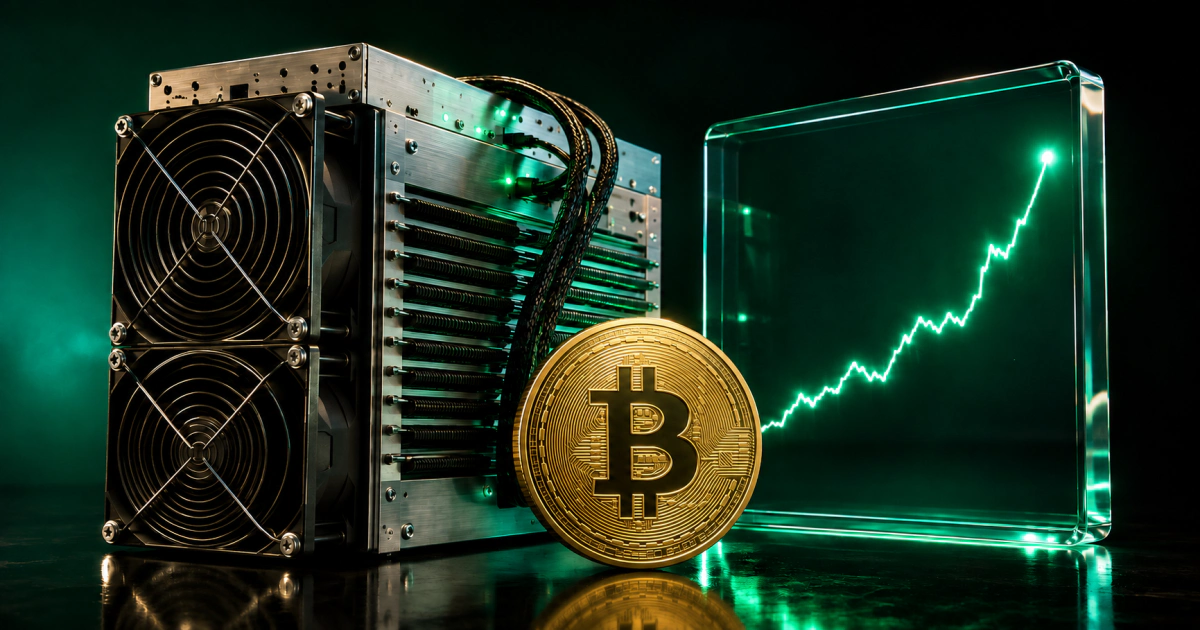 دستگاه ماینر ایسیک صنعتی برای استخراج بیت کوین در کنار نمودار نرخ هش