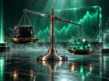 ترازوی تیتانیومی که از یک مکعب بزرگ به سمت کریستال‌های کوچک متمایل می‌شود؛ نمادی از شروع فصل آلت کوین