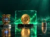 کوانتوم و بیت کوین؛ سکهٔ بیت کوین جلوی سپر شیشه‌ای سبز، میان پردازندهٔ کوانتومی طلایی و قفل فولادی