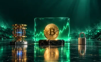 کوانتوم و بیت کوین؛ سکهٔ بیت کوین جلوی سپر شیشه‌ای سبز، میان پردازندهٔ کوانتومی طلایی و قفل فولادی