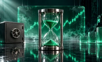 ساعت شنی تیتانیومی کنار گاوصندوق و پله‌های شیشه‌ای؛ نماد تصمیم الان بیت کوین بخرم یا صبر کنم