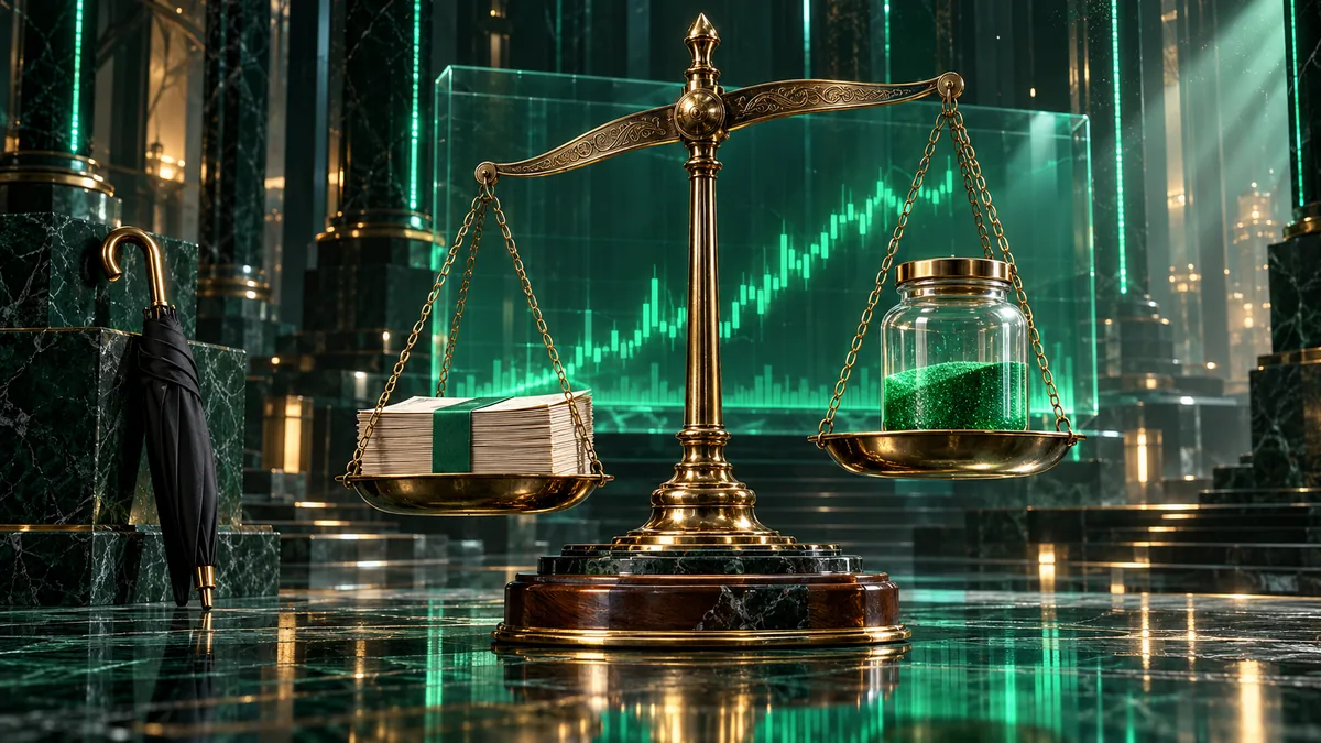 ترازوی برنجی نامتعادل با اسکناس بی‌نقش در یک کفه و شیشهٔ نیمه‌پر شن سبز در کفهٔ دیگر کنار چتر بسته؛ نماد ریسکی که خرید پله‌ای حذف نمی‌کند
