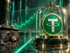 خرید تتر بدون احراز هویت؛ سکهٔ تتر اصلی زیر محفظهٔ شیشه‌ای روی پایهٔ برنجی در برابر صندوق فلزی زنگ‌زده با قفل باز