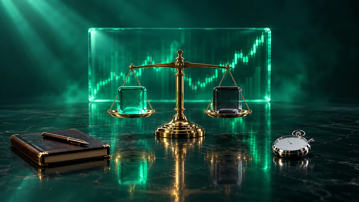 تمرین کاهش سوگیری تأییدی؛ ترازوی برنجی متعادل با کاشی سبز و کاشی تیره در دو کفه کنار دفترچهٔ ژورنال