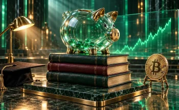 ارز دیجیتال برای دانشجو؛ قلک شیشه‌ای با تزئینات برنجی روی کتاب‌های چرمی کنار کلاه فارغ‌التحصیلی و سکهٔ بیت کوین روی پایهٔ برنجی