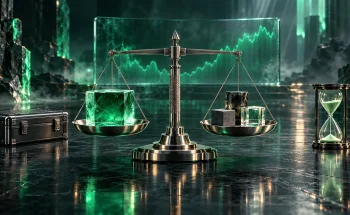 سبد ارز دیجیتال متعادل به شکل ترازوی تیتانیومی با یک مکعب بزرگ هسته و سه مکعب کوچک اقمار