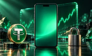 اپلیکیشن ارز دیجیتال روی گوشی هوشمند کنار سکه تتر و قفل امنیتی