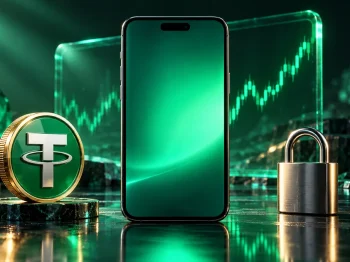 اپلیکیشن ارز دیجیتال روی گوشی هوشمند کنار سکه تتر و قفل امنیتی