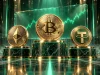 اولین ارز دیجیتال؛ سه پایهٔ نمایش مرمری با سکه‌های بیت کوین، اتریوم و تتر و مسیر نور سبزی که به سوی آن‌ها می‌رود