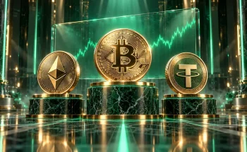 اولین ارز دیجیتال؛ سه پایهٔ نمایش مرمری با سکه‌های بیت کوین، اتریوم و تتر و مسیر نور سبزی که به سوی آن‌ها می‌رود