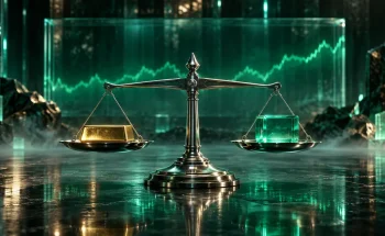 مقایسه تتر یا طلا با ترازوی فلزی، شمش طلا و مکعب شیشه‌ای سبز