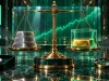 نقره یا تتر طلا؛ ترازوی برنجی با شمش‌های نقرهٔ براق در یک کفه و شمش طلا داخل مکعب شیشه‌ای با خطوط نورانی سبز در کفهٔ دیگر