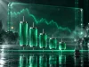 نمودار شمعی نزولی شیشه‌ای و خط لیزری سبز به‌عنوان سطح حد ضرر زیر آخرین کف قیمت