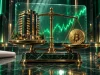 قیمت مسکن به بیت کوین؛ ماکت برج مسکونی مرمری و برنجی در یک کفهٔ ترازو و سکهٔ بیت کوین در کفهٔ دیگر