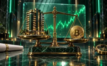 قیمت مسکن به بیت کوین؛ ماکت برج مسکونی مرمری و برنجی در یک کفهٔ ترازو و سکهٔ بیت کوین در کفهٔ دیگر