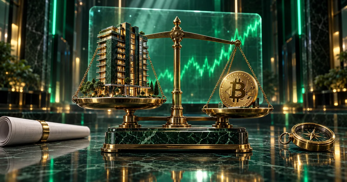 قیمت مسکن به بیت کوین؛ ماکت برج مسکونی مرمری و برنجی در یک کفهٔ ترازو و سکهٔ بیت کوین در کفهٔ دیگر