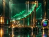 پامپ فان چیست؛ دستگاه پرتاب برنجی و شیشه‌ای با منحنی قیمت نورانی، توکن‌های شکست‌خورده در پایه و سکهٔ سولانا کنار آن
