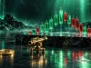 آموزش تحلیل تکنیکال؛ تراز برنجی نقشه‌برداری رو به منظرهٔ شیشه‌ای کندل‌های سبز و قرمز کنار سکهٔ بیت کوین